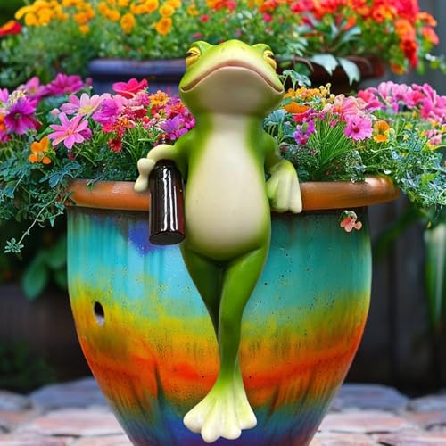 Blumentopf Hänger Frösche Deko Figuren,Frosch Deko Frösche Tiere Harz Statue Gartendeko,Grün Frosch Blumentopfhänger Figur Balkon Deko Garten Topfdekorationen von DZAY