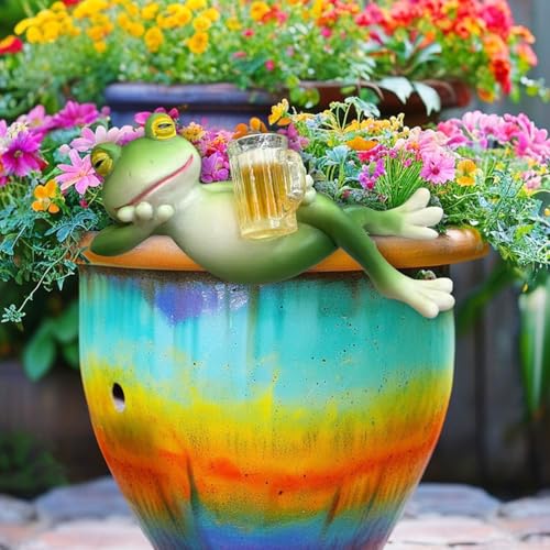 Blumentopf Hänger Frösche Figuren Frosch Deko Frösche Tiere Harz Statue Gartendeko,Grün Frosch Blumentopfhänger Figuren Balkon Deko Garten Topfdekorationen (10) von DZAY