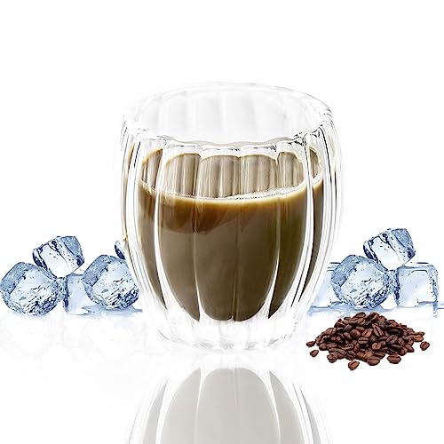 DZAY Cappuccino Kaffeegläser Espressotassen Latte Macchiato Gläser Set,Riffle Gläser Dessertgläser Teeglas Ripple Kaffeebecher Saftgläser,Spülmaschinenfeste Teegläser Kaffeetassen Set von DZAY