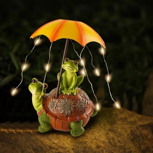 DZAY Fröschgarten Schildkröte Solarlampen für Außen Garten Figuren Statue,Solarleuchten für Außen Garten Frosch mit Regenschirm Steinfiguren Gartendeko Winterfest für Yard Rasen Patio von DZAY