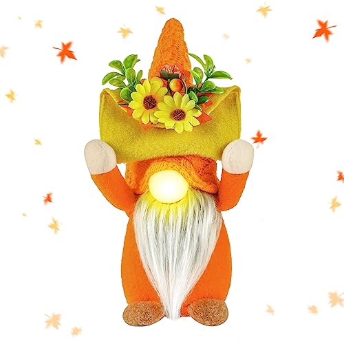 DZAY Herbst Dekoration Wichtel Figuren mit Ahornblatt Sonnenblume,Herbst Wichtel Plüsch GNOME mit Leuchtenden Zwerges Erntedankfest Dekoration Ornamente für Herbst Halloween Thanksgiving Dekorationen von DZAY