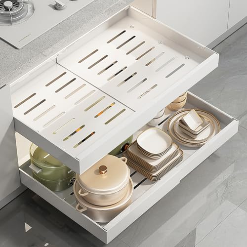 DZAY Teleskopschublade Pull Out Drawer,Ausziehbare Schublade Küche zum Kleben Küchenorganisator Küchenschrank Organizer,Kein Bohren und Nageln erforderlich Schrank Organizer (Weiß, 32-48cm) von DZAY