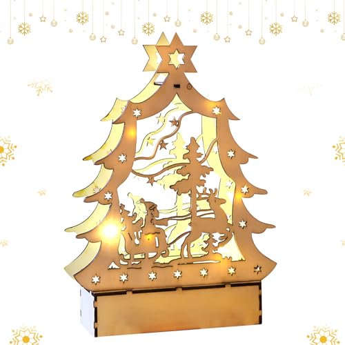 DZAY Weihnachtsdeko Innen Nachtlicht,Weihnachtsbeleuchtung Beleuchtet Innen Holz Adventsdeko Weihnachten Holzbaum,Led leuchtende mit Batterie für Tischdeko Basteln Kinder Geschenke (Weihnachtsbaum) von DZAY