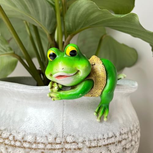 Frosch Blumentopf Hänger Garten Deko Draußen Figuren,Gartendeko Frösche Tiere Harz Statue Ornament,Grün Frosch Blumentopfhänger Figuren Balkon Deko Garten Figur Topfdekorationen (05) von DZAY