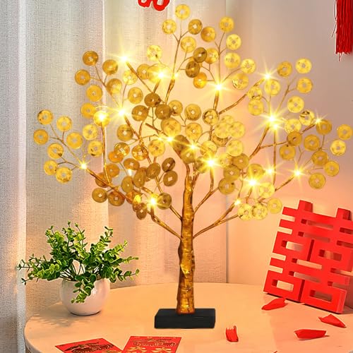 Geldbaum Feng Shui Gold Glücksbaum mit Licht,Pfennigbaum Reichtum und Glück Kristall Feng Shui Deko with Glücksmünzen und Base für Reichtum Glück Hause Penny Tree Dekoration (1) von DZAY