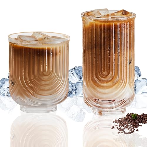 Geriffelte Gläser Set, Eiskaffee Tassen gerippt, U-förmiges Streifen Gläser, Retro-Glaswaren, Kaffeeglas Teeglas,Klare Glasbecher Iced Coffee Glass für Latte, Cappuccino, Getränke von DZAY