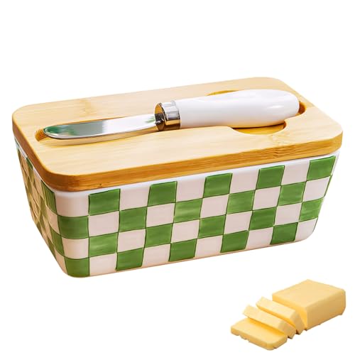 Große Butterdose aus Keramik mit Deckel und Messer,Cuttable Butterschüssel Butterhalter Butterglocke und Butterfass,Butterschale und Butterbox Spülmaschinengeeignet für Käse Aufbewahrung (01, L) von DZAY