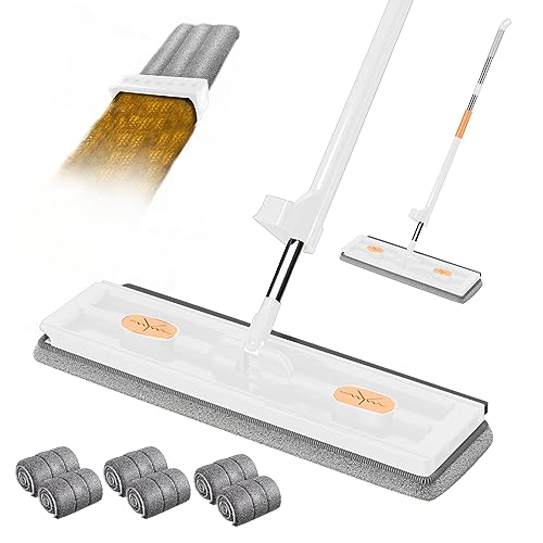 Großer Flachmop,Flacher Wischmopp Eimer mit Auswringfunktion,360° Drehgelenk Bodenwischer Set Flachmopp mit Wiederverwendbaren Mikrofaser Wischpads,Freihändiger Moppie Wischmop (Weiß + 6 Lappen) von DZAY