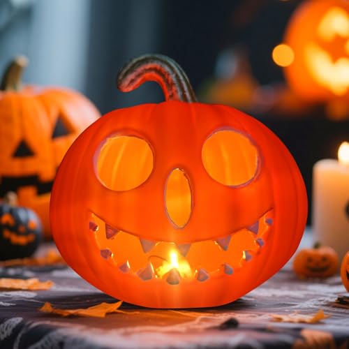Halloween Deko Innen Draußen Kürbis Deko Laternen LED Windlichter,Halloween Deko Kürbisse Teelichthalter Tischdeko Jack Lantern Wetterfeste Garten Herbstdeko Led Kürbislaterne (03) von DZAY