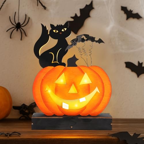 Halloween Deko Innen Kürbis Tischschilder mit LED Lichter,Halloween Dekoration Tischdeko aus Holz Geister Tischschild Tischdekoration,Tablett Holzschild für Spukhaus Zuhause Party Ornamente (Haus) von DZAY
