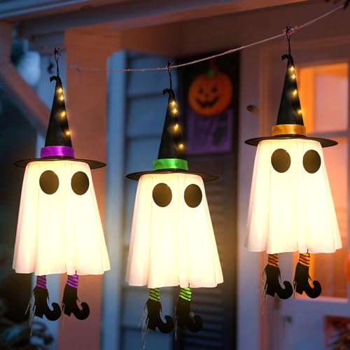 Halloween Deko Lichterketten Gruselig Geister mit LED Lichtern Windsack,Halloween Dekoration Hängende Geist Beleuchtung Hängende Geister für Vorgarten Terrasse Rasen Garten Partydekor (3 Farbe) von DZAY