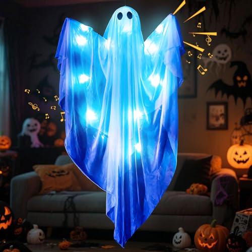 Halloween Deko Lichterketten Gruselig Geister mit LED Lichtern Windsack,Halloween Dekoration Hängende Geist Beleuchtung Hängende Geister für Vorgarten Terrasse Rasen Garten Partydekor (Blau) von DZAY