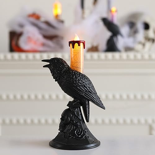 Halloween LED Kerze Flammenlose mit Batterie Teelichter,Krähen LED Kerzenlampe von Betriebene Kerzen Stumpenkerzen,Krähen Kerzenhalter Licht Flammenlose Kerzenlampe Halloween Dekorationen (Orange) von DZAY