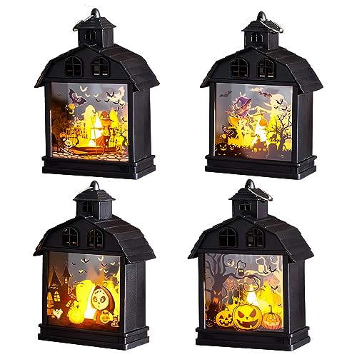 Halloween Laterne Dekor Schädel Skelett Laterne,Halloween LED Kerzenlicht Kürbis mit Batteriebetrieben,Halloween Windlampe Deko Draußen Garten Schwarze Laterne Dekorative Hängedeko Licht (4 Stück) von DZAY