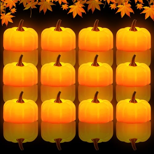 Herbst Dekorationen Kürbis LED Teelichter,12 Stück Herbstdeko Kürbis Deko LED Kerzen von Batteriebetrieben,Thanksgiving Halloween Flickernde Teelicht Kerze für Tisch Indoor Night Party Dekor (01) von DZAY