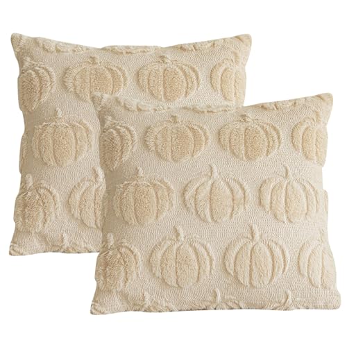 Herbstdeko Kissenbezüge,Herbst Dekoration Cord Zierkissenbezüge 18x18 Zoll Weiche Boho Gestreifte Herbst Kissenbezüge,Kürbis Kissenhülle Herbst Deko Aesthetic für Sofa Wohnzimmer Couch Bett (Off-weiß) von DZAY