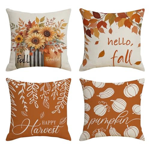 Herbstdeko Kissenbezug 45 x 45cm Herbst Deko Innen Ahornblatt Schlafsofa,Kürbisse Herbst Kissenbezüge Dekorative Erntedankfest für Bauernhaus Thanksgiving Halloween Wohnzimmer Deko (02) von DZAY