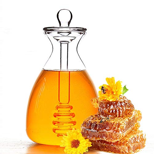 Honigtopf aus Glas,Handgemachte Honigglas Vorratsglas mit Schöpflöffel Glas Honig Topf,Honigbienentopf mit Deckel Fester Rührstab kreatives Honigspender Glasbehälter,Zur Aufbewahrung Bienensirup von DZAY