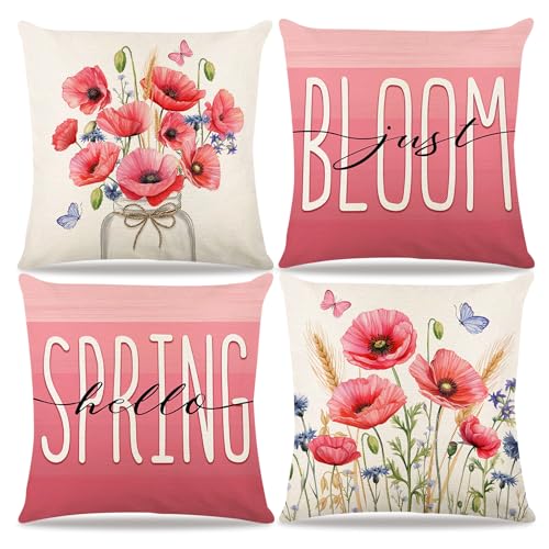 Osterdeko Kissenbezug Frühlingsdeko Innen Kissenhülle Frühling Deko Kissen Grün,Sommer Deko Innen Lila Lavendel Wurf Kissenhülle 18"x18",Lavendel Bauernhaus Sofa Kissen Sommer Home Decor (Pink) von DZAY