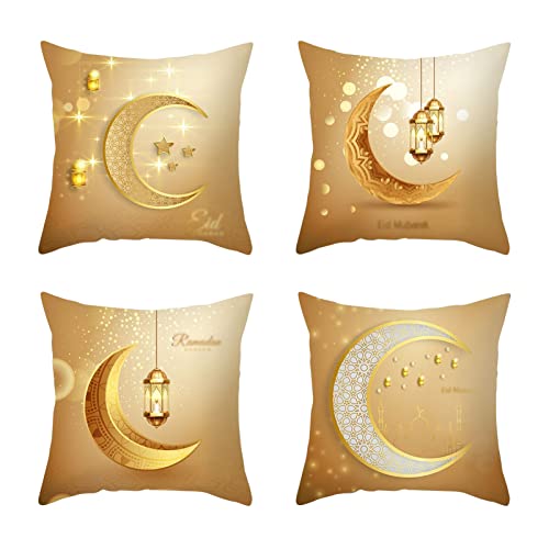 Ramadan Dekoration Kissenbezug 4 Stück Ramadan Deko Set Sofa Ramadan Kissen,Umrah Mubarak Deko Wurf Kissenbezüge 45x45cm,Leinen Islam Deko Muster Zierkissenbezüge für Islamische Dekoration (04) von DZAY