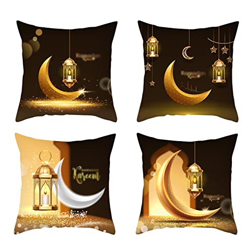 Ramadan Dekoration Kissenbezug 4 Stück Ramadan Deko Set Sofa Ramadan Kissen,Umrah Mubarak Deko Wurf Kissenbezüge 45x45cm,Leinen Islam Deko Muster Zierkissenbezüge für Islamische Dekoration (05) von DZAY