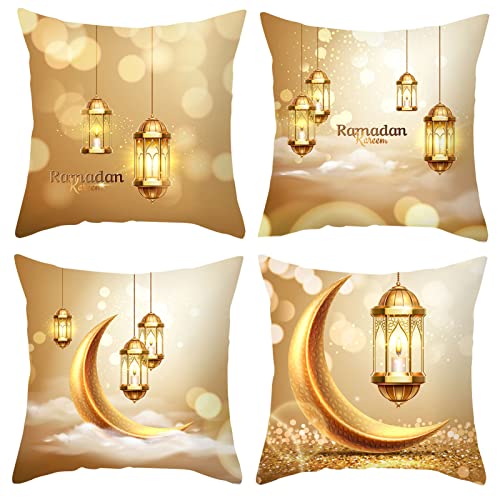 Ramadan Dekoration Kissenbezug 4 Stück Ramadan Deko Set Sofa Ramadan Kissen,Umrah Mubarak Deko Wurf Kissenbezüge 45x45cm,Leinen Islam Deko Muster Zierkissenbezüge für Islamische Dekoration (07) von DZAY