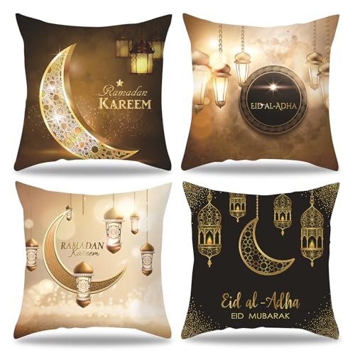 Ramadan Dekoration Kissenbezug 4 Stück Ramadan Deko Set Sofa Ramadan Kissen,Umrah Mubarak Deko Wurf Kissenbezüge 45x45cm,Leinen Islam Deko Muster Zierkissenbezüge für Islamische Dekoration (09) von DZAY