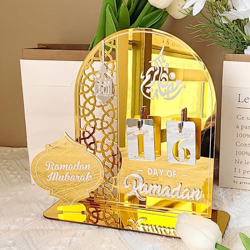 Ramadan Kalender Dekorative Adventskalender,Eid Mubarak Dekoration Ramadan aus Acryl Countdown Kalender Ornament Gebet Ramadan,Mubarak Deko Wohnzimmer Ramadan Geschenke für Kinder (Gold) von DZAY