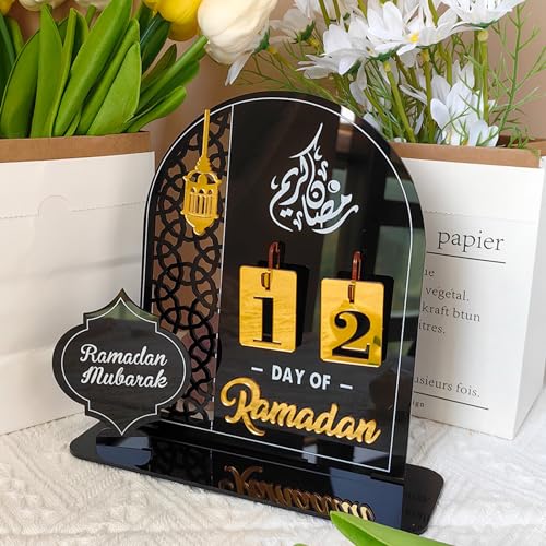 Ramadan Kalender Dekorative Adventskalender,Eid Mubarak Dekoration Ramadan aus Acryl Countdown Kalender Ornament Gebet Ramadan,Mubarak Deko Wohnzimmer Ramadan Geschenke für Kinder (Schwarz) von DZAY