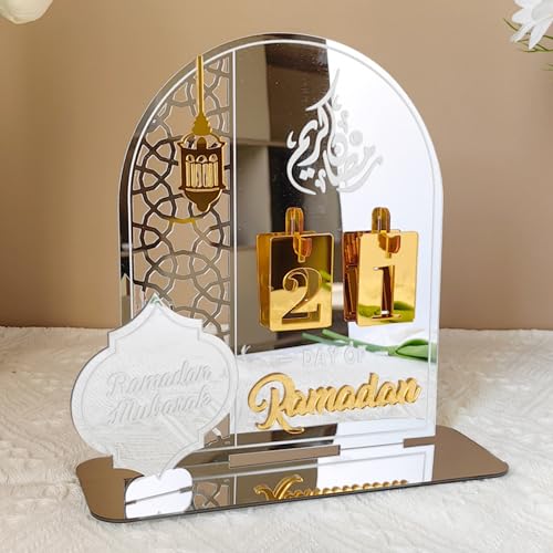 Ramadan Kalender Dekorative Adventskalender,Eid Mubarak Dekoration Ramadan aus Acryl Countdown Kalender Ornament Gebet Ramadan,Mubarak Deko Wohnzimmer Ramadan Geschenke für Kinder (Silber) von DZAY
