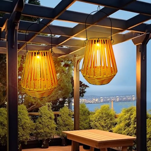 Solar Lampion Outdoor Solar Laterne Wasserdichte Solarlaterne,Vintage Boho Rattan Hängelampe Gartenleuchten Draußen,Solarlampen Außen Lampions Wetterfest für Balkon Garten Deko (2,LED-Glühbirne) von DZAY