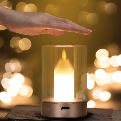 Tischlampe Kabellos Flammlose Kerze Tischleuchte,Akku Tischlampe Aufladbar Dimmbare Nachtlicht mit Bewegungsmelder LED Kerzen,Elektrische Teelichter für Außen Wetterfest Terrasse Balkon Deko (01) von DZAY