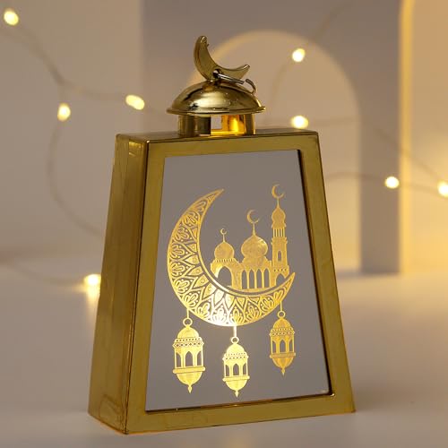 Umrah Mubarak Deko Ramadan Dekoration Laterne,Hängend Laterne Kerzenlampe Windlicht Ramadan Deko Lampe,Eid Mubarak LED Kerzenständer Windlampe Laterne Ramadan Mubarak Dekoration (Gold 02) von DZAY