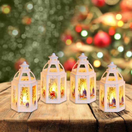 Weihnachtsdeko Laterne Indoor Flickernde Kerze Laterne,Weihnachtsdekorationen Weihnachtsbaum Hängende Weihnachtslaterne Beleuchtete mit Warmweißes LED Licht für Tisch Christmas Decor (4pcs) von DZAY