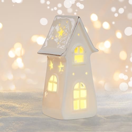 Weihnachtsdeko Led Lichthäuser Weisse Häuser Teelichthalter Weihnachtsdorf,Lichthaus Weiss Deko Häuser,Weihnachtshaus Beleuchtet Keramik Weiß Windlicht Haus Weihnachtshäuser Weihnachten Deko (01) von DZAY