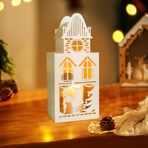 Weihnachtsdorf Lichthaus Metall Kerzenhalter Laterne für Weihnachtsdeko Kerzenständer Teelichthaus,Weihnachten Deko Beleuchtete Windlicht Teelichter Häuser Kerzenhalter für Tischdekoration (03) von DZAY