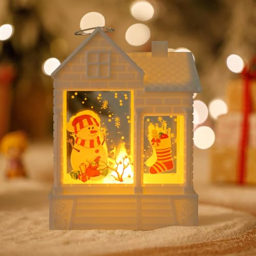 Weihnachtslaterne mit LED Licht Hängelaterne,Weihnachten Deko Beleuchtete Windlicht mit Schneemann Santa Tree Weihnachtsdekoration Innen,Weihnachtsdeko Laterne Tischdekoration (Weiß) von DZAY
