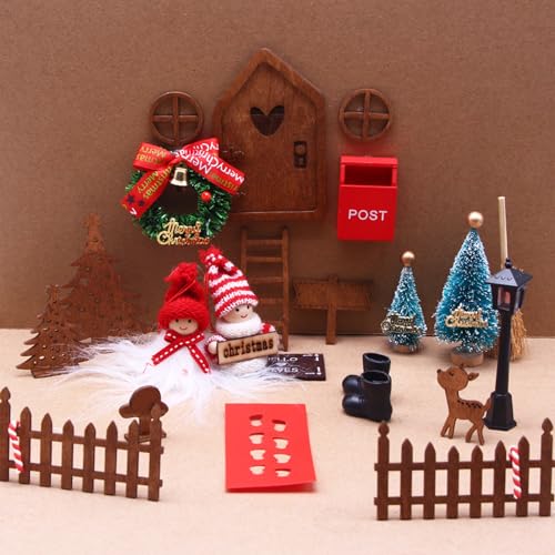 Wichteltür Zubehör Weihnachten Set, Weihnachtswichtel Tür Set Weihnachtsdeko Elfentür, Holz Wichtel Tür mit Miniatur Briefkästen, Zäun, Leiter, Stiefel, Wichtelbesen, Feentür Set für Kinder Geschenke von DZAY