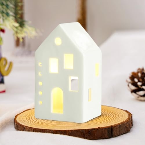 Winterhaus deko Teelichthaus aus Porzellan Häuser Kerzenhalter,Keramik Weihnachtshaus Teelicht Kerzenhalter,Weisse Häuser aus Keramik Deko Adventskerzenhalter Häuschen für Teelichter (04) von DZAY