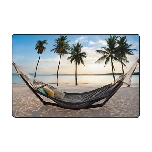 (Paradise Beach mit Hängematte, Kokospalmen), bedruckte Teppiche, für Wohnzimmer, Schlafzimmer und Büro, Bodenmatte, 182,9 x 121,9 cm, weiche, rutschfeste, moderne Teppiche für den Innenbereich. von DZBDWZXH