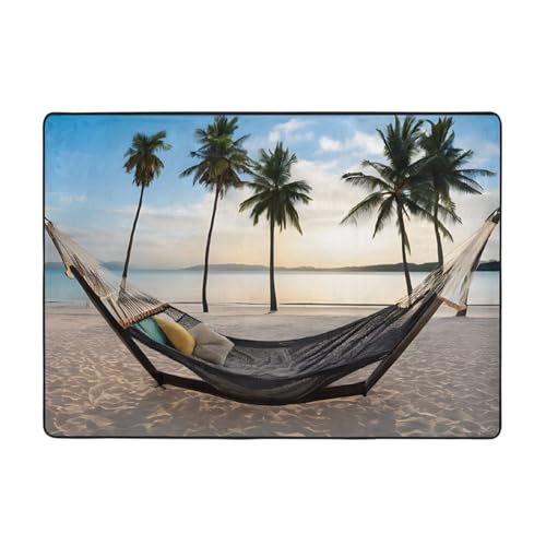 (Paradise Beach mit Hängematte, Kokospalmen), bedruckte Teppiche für Wohnzimmer, Schlafzimmer und Büro, 203 x 147,3 cm, weiche, rutschfeste, moderne Teppiche für den Innenbereich. von DZBDWZXH