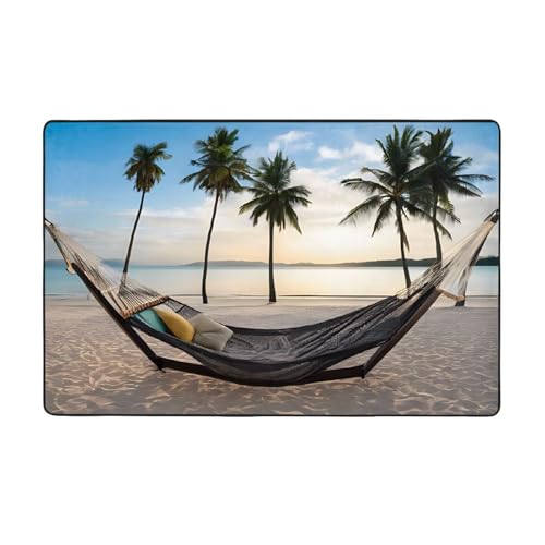 Bedruckte Teppiche für Wohnzimmer, Schlafzimmer und Büro, 152,4 x 99,1 cm, weiche, rutschfeste, moderne Teppiche für den Innenbereich, Paradise Beach mit Hängematte, Kokospalmen von DZBDWZXH