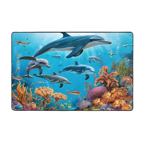 Bedruckte Teppiche für Wohnzimmer, Schlafzimmer und Büro, 152,4 x 99,1 cm, weiche rutschfeste moderne Teppiche für den Innenbereich, Motiv: Delfine, Meeresschildkröte, Oktopus, Korallenriff, 152,4 x Bedruckte Teppiche für Wohnzimmer, Schlafzimmer und Büro, 152,4 x 99,1 cm, weiche rutschfeste moderne Teppiche für den Innenbereich, Motiv: Delfine, Meeresschildkröte, Oktopus, Korallenriff, 152,4 x von DZBDWZXH