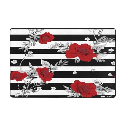 Bedruckte Teppiche für Wohnzimmer, Schlafzimmer und Büro, 91,4 x 61 cm, weich, rutschfest, modern, für den Innenbereich, Schwarz / Weiß / Rot / Blumen Bedruckte Teppiche für Wohnzimmer, Schlafzimmer und Büro, 91,4 x 61 cm, weich, rutschfest, modern, für den Innenbereich, Schwarz / Weiß / Rot / Blumen von DZBDWZXH