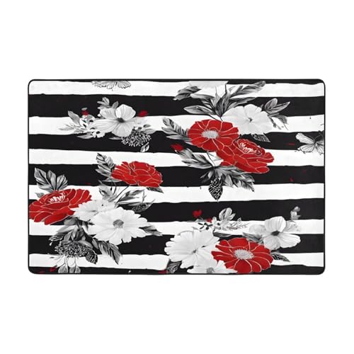 Bedruckte Teppiche für Wohnzimmer, Schlafzimmer und Büro, 91,4 x 61 cm, weich, rutschfest, modern, für den Innenbereich, Schwarz / Weiß / Rot / Blumen von DZBDWZXH