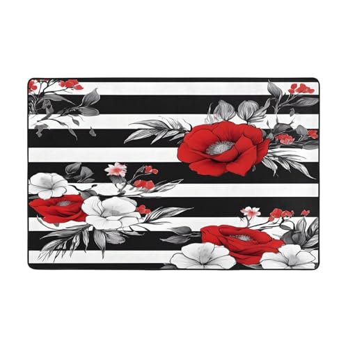 Bedruckte Teppiche für Wohnzimmer, Schlafzimmer und Büro, 91,4 x 61 cm, weich, rutschfest, modern, für den Innenbereich, Schwarz / Weiß / Rot / Blumen von DZBDWZXH