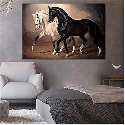 DZCPP-HongYu Leinwand Wandkunst 70x90cm Kein Rahmen Zwei Laufende Pferde Bilder für Wände Drucke und Tiermalerei Schwarz-weißes Pferd Wandkunst Dekore von DZCPP-HongYu