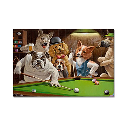 Hunde spielen Pool Billard Wandkunst Leinwand Druck Bilder Lustige Tier Leinwand Gedruckt Poster für Wohnzimmer Schlafzimmer Dekoration (Mit Rahmen) von DZCPP-HongYu