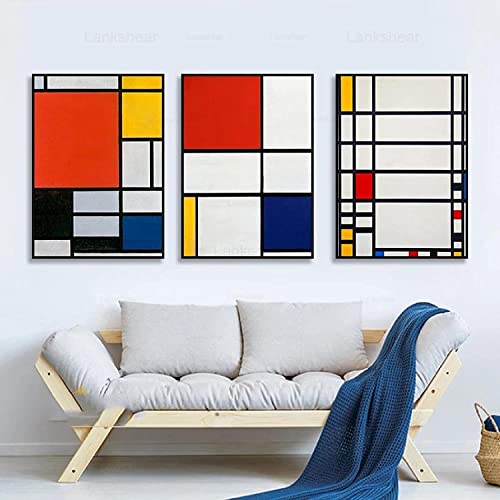 Leinwandbild 3 Stück 50 x 70 cm Rahmenlos Piet Cornelies Mondrian Berühmte abstrakte geometrische Linien Rot Blau Gelb Kombinationsposter und Drucke von DZCPP-HongYu