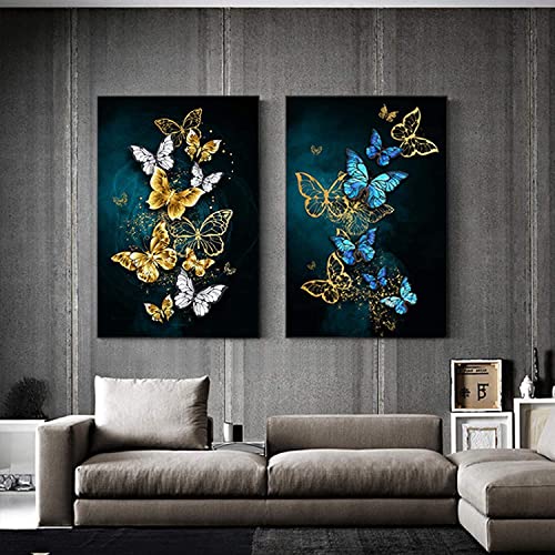 Nordischer Stil 2 Stück 50x70cm Kein Rahmen Moderne Wanddruck Bilder Gelber Schmetterling Abstrakte Wandkunst Goldener Blauer Schmetterling Wohnzimmer Dekor von DZCPP-HongYu